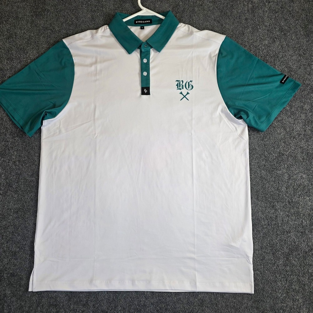 Byrd Gang‎ Polo Shirt Mens XL White Teal Short Sleeve Golf Performance Top